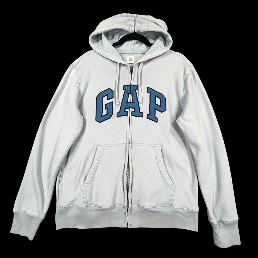 GAP Zip Up Hoodie Womens Medium Bleach Blue Heritage Logo Fleece Y2K Athleisure